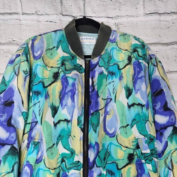 Silk World Abstract Graphic Pattern Ribbed Trim Bomber Jacket Blue Green Large - Picture 2 of 12